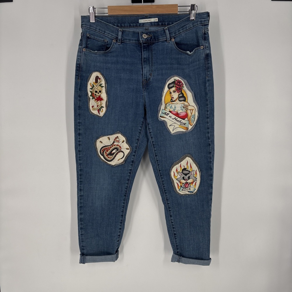 Levis‎ Womens Upcycled Jeans 32 Classic Crop Patched Streetwear Pin Up Stretch